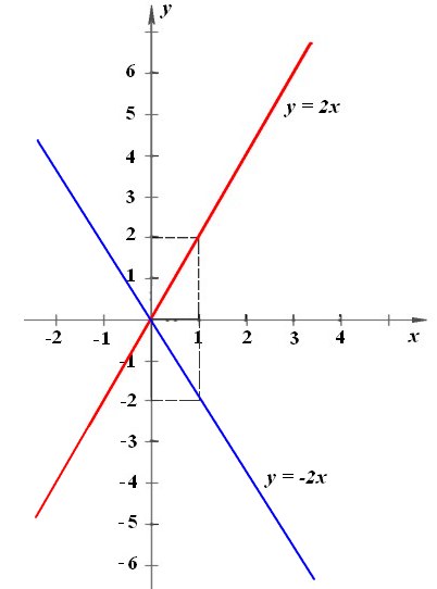 Đồ thị hàm số y = 2x và y = -2x trên cùng trục tọa độ