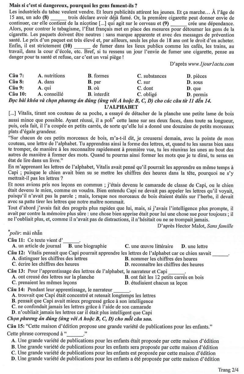 Đề tham khảo Tiếng Pháp 2024 thi tốt nghiệp THPT